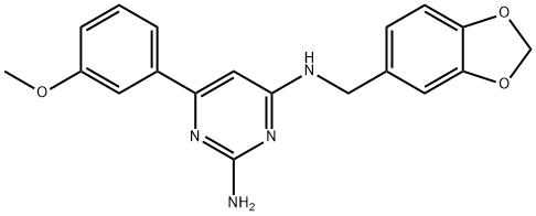 2-アミノ-4-[3,4-(メチレンジオキシ)ベンジルアミノ]-6-(3-メトキシフェニル)ピリミジン 化学構造式