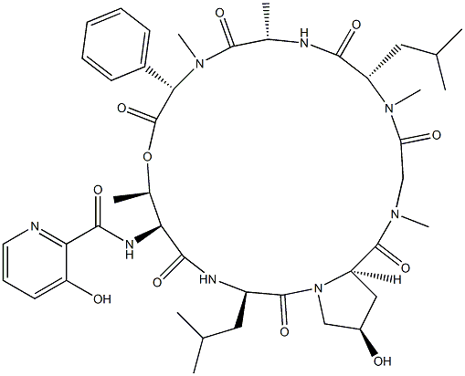 Cyclo[D-Leu-D-c4Hyp-N-methyl-Gly-N-methyl-L-Leu-L-Ala-N-methyl-L-phenyl Gly-N-[(3-hydroxy-2-pyridyl)carbonyl]-L-Thr*-] Struktur