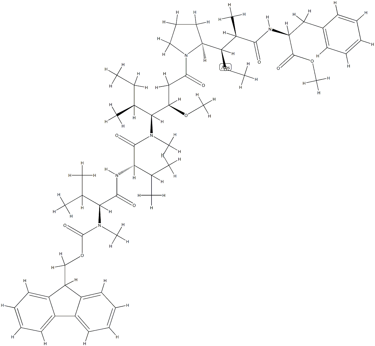 L-Phenylalanine, N-[(9H-fluoren-9-ylmethoxy)carbonyl]-N-methyl-L-valyl-L-valyl-(3R,4S,5S)-3-methoxy-5-methyl-4-(methylamino)heptanoyl-(αR,βR,2S)-β-methoxy-α-methyl-2-pyrrolidinepropanoyl-, methyl ester Struktur