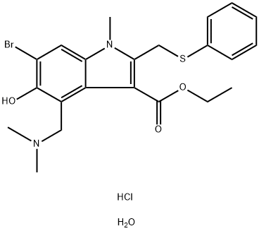 1H-Indole-3-carboxylicacid,6-bromo-4-[(dimethylamino)methyl]-5-hydroxy-1-methyl-2-[(phenylthio)methyl]-,ethyl ester, hydrochloride, hydrate (1:1:1) 化学構造式