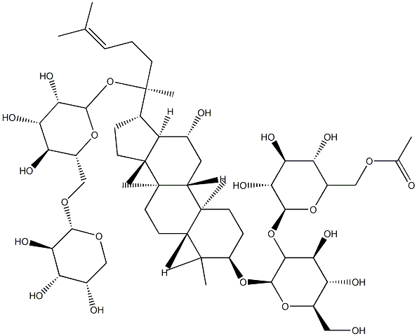 20-[(6-O-α-L-アラビノピラノシル-β-D-グルコピラノシル)オキシ]-12β-ヒドロキシ-5α-ダンマラ-24-エン-3β-イル2-O-(6-O-アセチル-β-D-グルコピラノシル)-β-D-グルコピラノシド 化学構造式