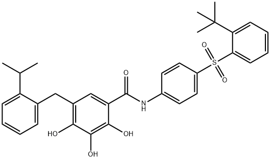 N-[4-(2-叔丁基苯磺酰基)苯基]-2,3,4-三羟基-5-(2-异丙基苯基甲基)苯甲酰胺,877877-35-5,结构式