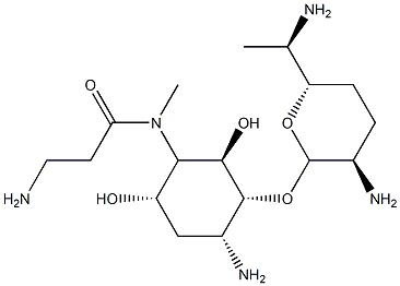 2-Amino-5-[(3-amino-1-oxopropyl)methylamino]-1-O-(2,6-diamino-2,3,4,6,7-pentadeoxy-β-L-lyxo-heptopyranosyl)-2,3,5-trideoxy-D-allo-inositol 结构式