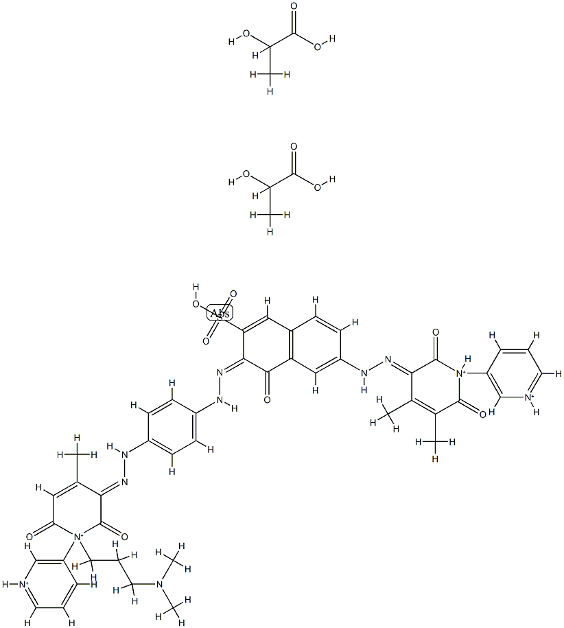 5'-[[4-[[7-[(1',2'-二氢-6'-羟基-3,4-二甲基-2'-氧代[1,3'-联吡啶翁]-5'-基)偶氮]-1-羟基-3-磺基-2-萘基]偶氮]苯基]偶氮]-1'-[3-(二甲基氨基)丙基]-1',2'-二氧代-1,3'-二吡啶翁、2-羟基丙酸的盐化物 结构式