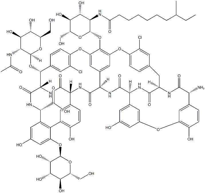 34-O-[2-(アセチルアミノ)-2-デオキシ-β-D-グルコピラノシル]-22,31-ジクロロ-7-デメチル-64-O-デメチル-19-デオキシ-56-O-[2-デオキシ-2-[(8-メチル-1-オキソデシル)アミノ]-β-D-グルコピラノシル]-42-O-α-D-マンノピラノシルリストマイシンAアグリコン 化学構造式