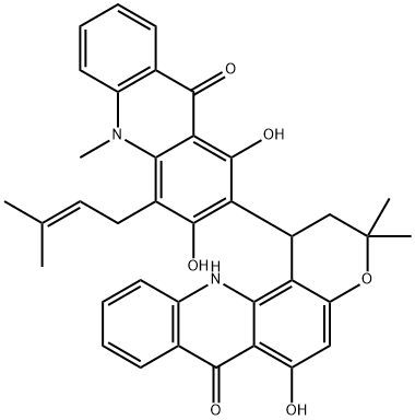 1,2,3,12-Tetrahydro-3,3-dimethyl-6-hydroxy-1-[[9,10-dihydro-10-methyl-1-hydroxy-3-methoxy-4-(3-methyl-2-butenyl)-9-oxoacridin]-2-yl]-7H-pyrano[2,3-c]acridin-7-one 结构式