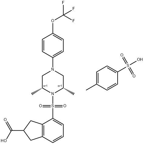 1H-Indene-2-carboxylic acid, 4-[[(2R,6S)-2,6-dimethyl-4-[4-(trifluoromethoxy)phenyl]-1-piperazinyl]sulfonyl]-2,3-dihydro-, rel-, 4-methylbenzenesulfonate (1:1) 化学構造式