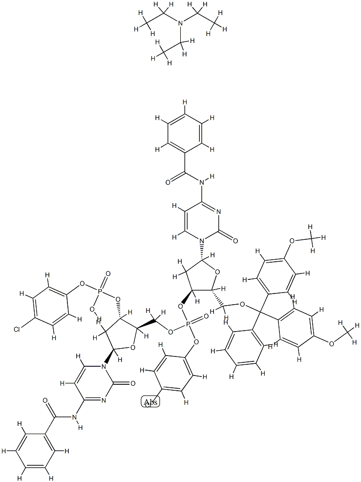 3'-Cytidylic acid, N-benzoyl-5'-O-[bis(4-methoxyphenyl)phenylmethyl]-P-(4-chlorophenyl)-2'-deoxycytidylyl-(3'->5')-N-benzoyl-2'-deoxy-, mono(4-chlorophenyl)ester, compd. with N,N-diethylethanamine (1:1),93891-97-5,结构式