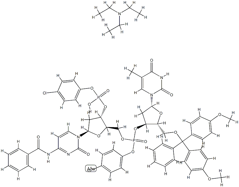 3'-Cytidylic acid, 5'-O-[bis(4-methoxyphenyl)phenylmethyl]-P-(4-chlorophenyl)thymidylyl-(3'->5')-N-benzoyl-2'-deoxy-, mono(4-chlorophenyl)ester, compd. with N,N-diethylethanamine (1:1) Struktur