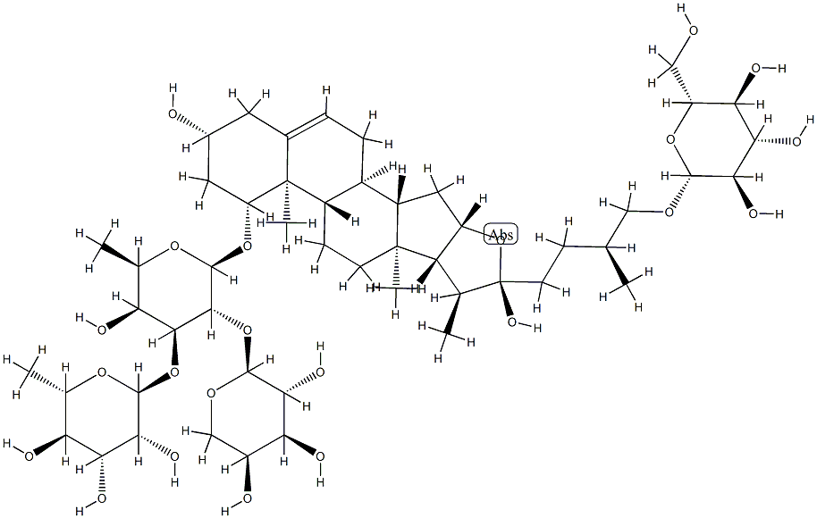 (1beta,3beta,22alpha,25S)-26-(beta-D-Glucopyranosyloxy)-3,22-dihydroxyfurost-5-en-1-yl O-alpha-L-arabinopyranosyl-(1-2)-O-[6-deoxy-alpha-L-mannopyranosyl-(1-3)]-6-deoxy-beta-D-Galactopyranoside Structure