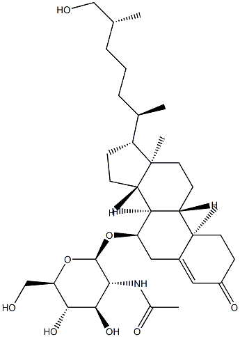 (25R)-7α-[[2-(アセチルアミノ)-2-デオキシ-β-D-グルコピラノシル]オキシ]-26-ヒドロキシコレスタ-4-エン-3-オン 化学構造式