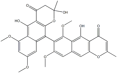 2',3'-ジヒドロ-2',5,5'-トリヒドロキシ-6,6',8,8'-テトラメトキシ-2,2'-ジメチル-7,10'-ビ[4H-ナフト[2,3-b]ピラン]-4,4'-ジオン 化学構造式
