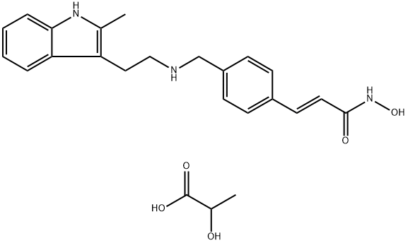 (E)-N-ヒドロキシ-3-[4-({[2-(2-メチル-1H-インドール-3-イル)エチル]アミノ}メチル)フェニル]アクリルアミド=(2RS)-ラクタート 化学構造式