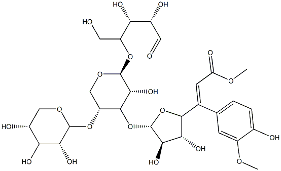 O-beta-xylopyranosyl-(1-4)-O-(5-O-feruloyl-alpha-arabinofuranosyl-(1-3))-O-beta-xylopyranosyl-(1-4)-xylopyranose,114216-65-8,结构式