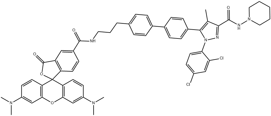 N-(Piperidin-1-yl)-5-(4-(4-(3-(5-carboxamidotetramethylrhodaminyl)propyl))phenyl)-1-(2,4-dichlorophenyl)-4-methyl-1H-pyrazole-3-carboxamide,1186195-59-4,结构式