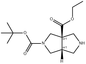Pyrrolo[3,4-c]pyrrole-2,3a(1H,4H)-dicarboxylic acid, tetrahydro-, 2-(1,1-diMethylethyl) 3a-ethyl ester, (3aR,6aR)-rel- Struktur