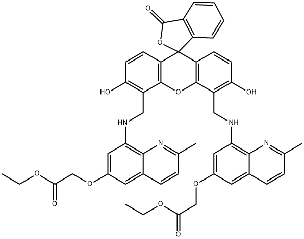 2-{4,5-ビス[(6-(2-エトキシ-2-オキソエトキシ)-2-メチルキノリン-8-イルアミノ)メチル]-6-ハイドックシ-3-オキソ-3H-キサンテン-9-イル}安息香酸 FL2E 化学構造式
