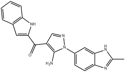 1-(2-メチル-1H-ベンゾイミダゾール-6-イル)-4-(1H-インドール-2-イルカルボニル)-1H-ピラゾール-5-アミン 化学構造式