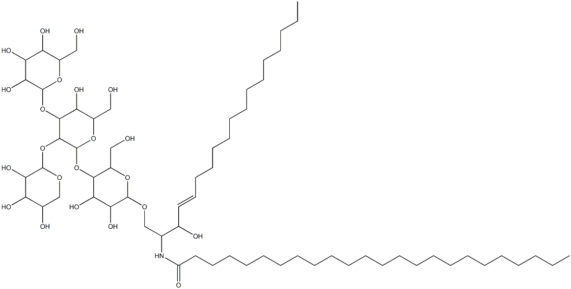 O-mannopyranosyl-(1-3)-O-xylopyranosyl-(1-2)-O-mannopyranosyl-(1-4)-O-glucopyranosyl-(1-1)-2-N-tetracosanoylsphingenine Structure