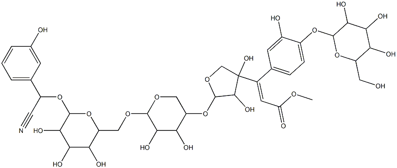 Benzeneacetonitrile, a-[[O-5-O-[(2E)-3-[4-(b-D-glucopyranosyloxy)-3-hydroxyphenyl]-1-oxo-2-propenyl]-D-apio-b-D-furanosyl-(1(R)4)-O-b-D-xylopyranosyl-(1(R)6)-b-D-glucopyranosyl]oxy]-3-hydroxy-, (aS)- (9CI) Struktur