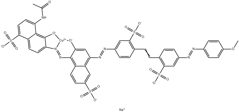 tetrasodium [4-acetamido-5-hydroxy-6-[[2-hydroxy-4-[[4-[2-[4-[(4-methoxyphenyl)azo]-2-sulphophenyl]vinyl]-3-sulphophenyl]azo]-6-sulpho-1-naphthyl]azo]naphthalene-1-sulphonato(6-)]cuprate(4-) Struktur