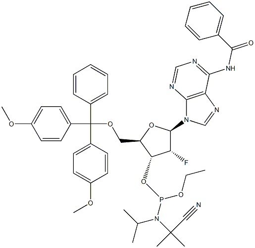 N-苯甲酰基-5'-O-[二(4-甲氧基苯基)苯基甲基]-2'-脱氧-2'-氟腺苷 3'-[2-氰基乙基 N,N-二异丙基氨基亚磷酸酯],136834-22-5,结构式