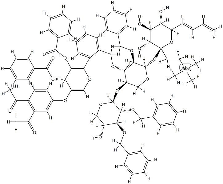 2-(trimethylsilyl)ethyl O-(2,3-di-O-benzylxylopyranosyl)(1-4)-O-(2,3-di-O-benzoylxylopyranosyl)-(1-4)-O-(2,3-di-O-benzylxylopyranosyl)-(1-4)-2,3-di-O-benzoylxylopyranoside 化学構造式