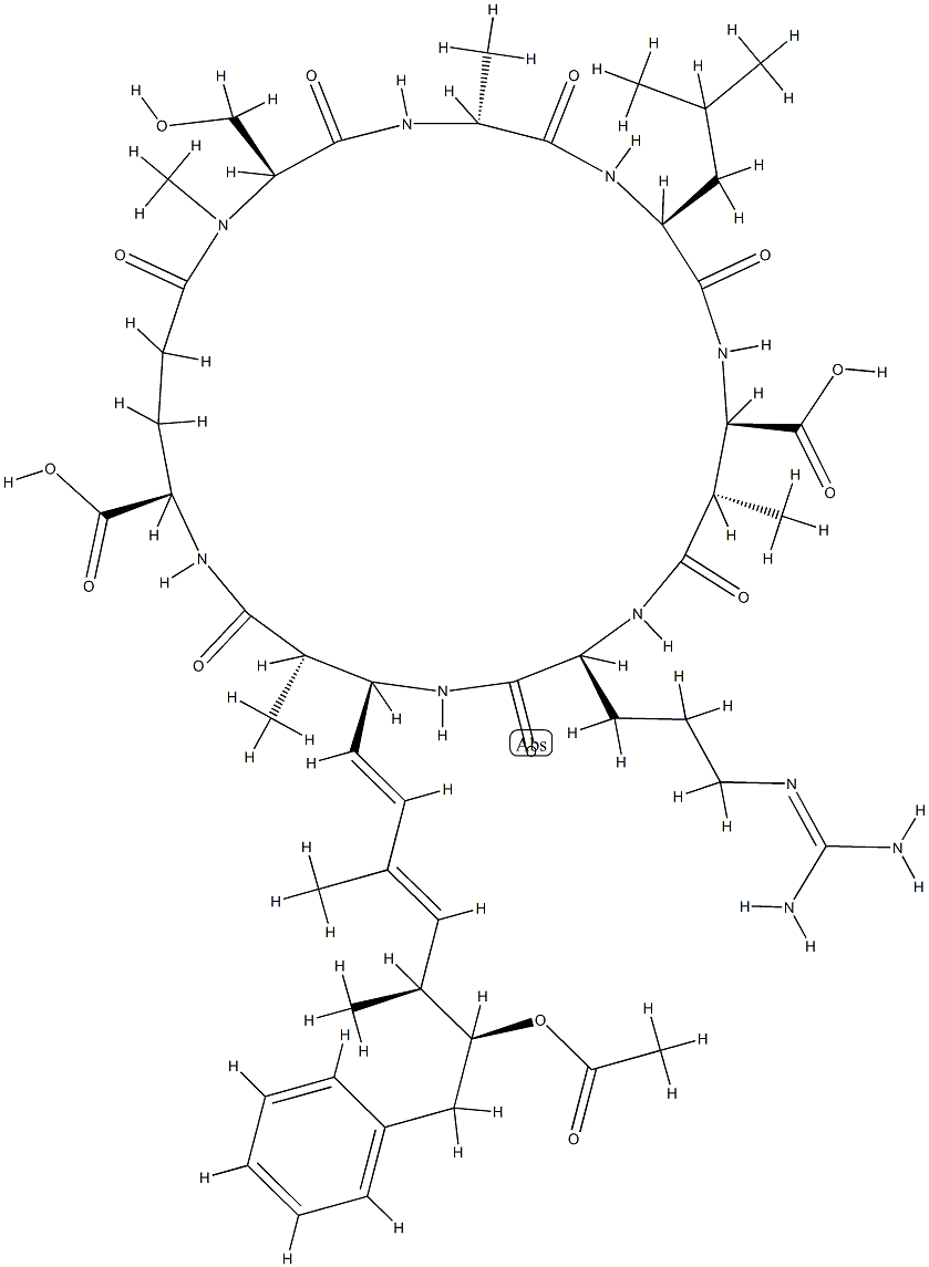 Cyanoginosin LA, 1-(N-methylserine)-5-L-arginine-6-((2S,4E,6E,8S,9S)-9 -(acetyloxy)-4,5,6,7-tetradehydro-2,6,8-trimethyl-10-phenyl-L-3-aminod ecanoic acid)-,141634-77-7,结构式