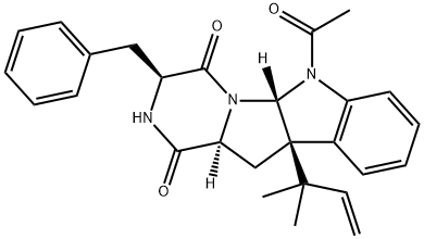 (3S)-3β-ベンジル-6-アセチル-10bβ-(1,1-ジメチル-2-プロペニル)-1,3,4,5aβ,6,10b,11,11aα-オクタヒドロ-2H-ピラジノ[1',2':1,5]ピロロ[2,3-b]インドール-1,4-ジオン 化学構造式