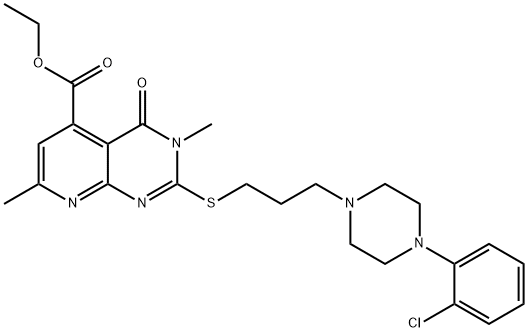 ethyl 9-[3-[4-(2-chlorophenyl)piperazin-1-yl]propylsulfanyl]-3,8-dimet hyl-7-oxo-2,8,10-triazabicyclo[4.4.0]deca-1,3,5,9-tetraene-5-carboxyla te 结构式