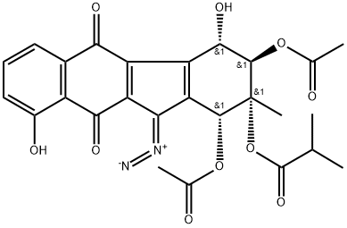 Propanoic acid,2-methyl-,1,3-bis(acetyloxy)-11-diazo-2,3,4,5,10,11-hexahydro-4,9-dihydroxy-2-methyl-5,11-dioxo-1H-benzo[b]fluoren-2-ylester, [1R-(1a,2a,3b,4a)]- (9CI),156429-10-6,结构式