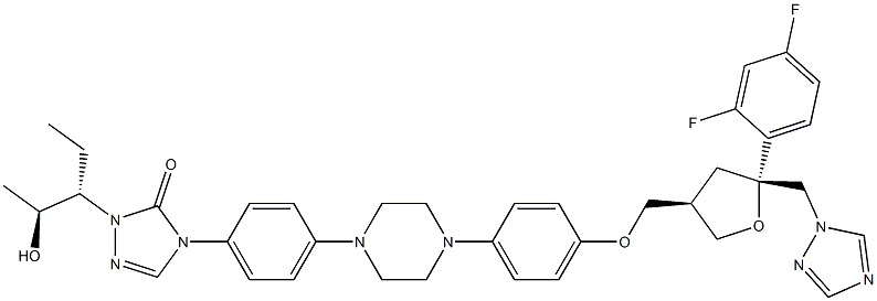 D-threo-Pentitol, 2,5-anhydro-1,3,4-trideoxy-2-C-(2,4-difluorophenyl)- 4-((4-(4-(4-(1-((1S,2S)-1-etyl-2-hydroxypropyl)-1,5-dihydro-5-oxo-4H-1 ,2,4-triazol-4-yl)phenyl)-1-piperazinyl)phenoxy)methyl)-1-(1H-1,2,4-tr iazol-1-yl)-,177571-33-4,结构式