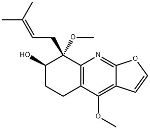 (7R,8R)-4,8-ジメトキシ-8-(3-メチルブタ-2-エン-1-イル)-5H,6H,7H,8H-フロ[2,3-b]キノリン-7-オール 化学構造式