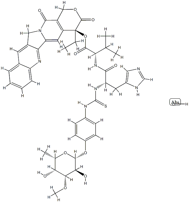 L-Valine, N-[[[4-[(6-deoxy-3-O-methyl-b-L-galactopyranosyl)oxy]phenyl]amino]thioxomethyl]-L-histidyl-, (4S)-4-ethyl-3,4,12,14-tetrahydro-3,14-dioxo-1H-pyrano[3',4':6,7]indolizino[1,2-b]quinolin-4-yl e
ster Struktur