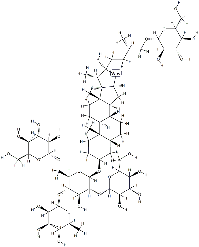 [(22S,25S)-26-(β-D-グルコピラノシルオキシ)-22-ヒドロキシ-5β-フロスタン-3β-イル]4-O-(6-デオキシ-α-L-マンノピラノシル)-2-O:6-O-ジ(β-D-グルコピラノシル)-β-D-グルコピラノシド 化学構造式