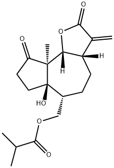 [[(3aS,9bβ)-3,3aβ,4,5,6,6a,7,8,9a,9bβ-デカヒドロ-6a-ヒドロキシ-9aα-メチル-3-メチレン-2,9-ジオキソアズレノ[4,5-b]フラン-6α-イル]メチル]2-メチルプロパノアート 化学構造式