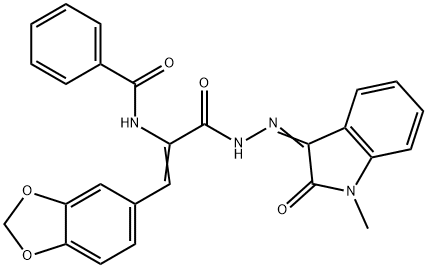 N-(2-(1,3-benzodioxol-5-yl)-1-{[2-(1-methyl-2-oxo-1,2-dihydro-3H-indol-3-ylidene)hydrazino]carbonyl}vinyl)benzamide Struktur