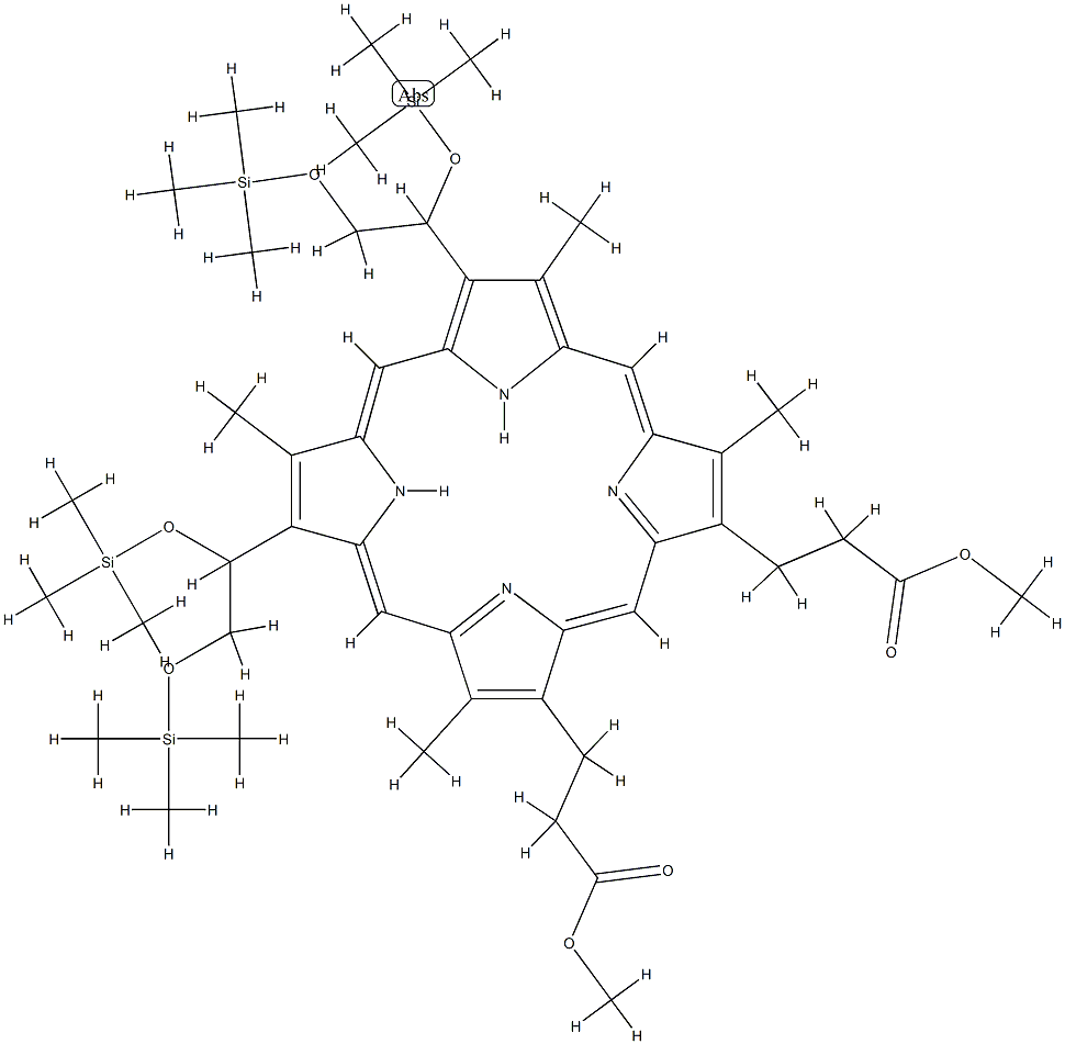 7,12-Bis[1,2-bis[(trimethylsilyl)oxy]ethyl]-3,8,13,17-tetramethyl-21H,23H-porphyrin-2,18-dipropanoic acid dimethyl ester,38574-20-8,结构式