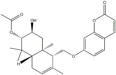 (-)-7-[[(1R)-6α-アセトキシ-1,4,4aβ,5,6,7,8,8a-オクタヒドロ-7β-ヒドロキシ-2,5,5,8aα-テトラメチルナフタレン-1α-イル]メトキシ]-2H-1-ベンゾピラン-2-オン 化学構造式