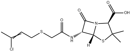 (6R)-6-[[[(3-クロロ-2-ブテニル)チオ]アセチル]アミノ]ペニシラン酸 化学構造式