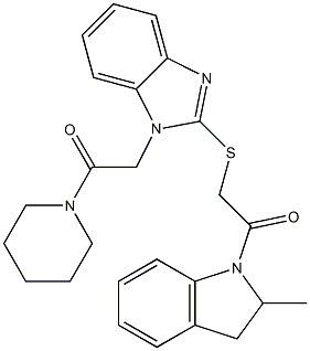 1H-Indole,2,3-dihydro-2-methyl-1-[[[1-[2-oxo-2-(1-piperidinyl)ethyl]-1H-benzimidazol-2-yl]thio]acetyl]-(9CI) 化学構造式