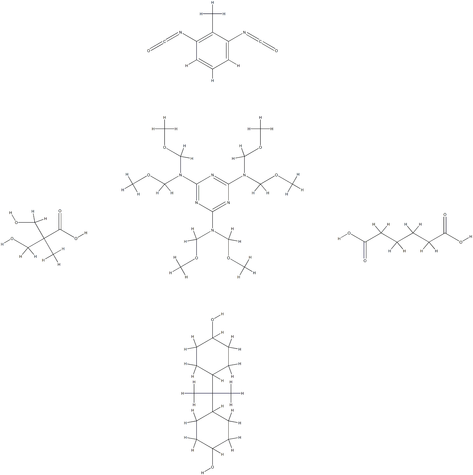 Hexanedioic acid, polymer with 1,3-diisocyanatomethylbenzene, N,N,N',N',N'',N''-hexakis( methoxymethyl)-1,3,5-triazine-2,4,6-triamine, 3-hydroxy-2-(hydroxymethyl)-2-methylpropanoic acid and 4,4'-(1-methylethylidene)bis[cyclohexanol] 化学構造式