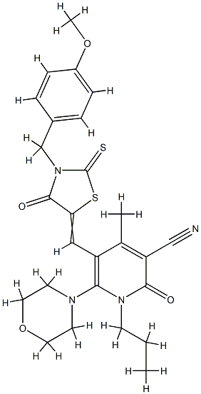 5-[[3-[(4-methoxyphenyl)methyl]-4-oxo-2-sulfanylidene-thiazolidin-5-ylidene]methyl]-4-methyl-6-morpholin-4-yl-2-oxo-1-propyl-pyridine-3-carbonitrile 结构式