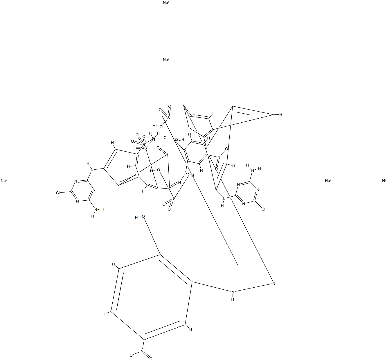 tetrasodium hydrogen bis[5-[(4-amino-6-chloro-1,3,5-triazin-2-yl)amino]-4-hydroxy-3-[(2-hydroxy-5-nitrophenyl)azo]naphthalene-2,7-disulphonato(4-)]chromate(5-) Struktur