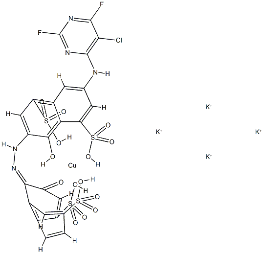 tetrapotassium [7-[(5-chloro-2,6-difluoro-4-pyrimidinyl)amino]-4-hydroxy-3-[(2-hydroxy-4,7-disulpho-1-naphthyl)azo]naphthalene-1,5-disulphonato(6-)]cuprate(4-) Struktur