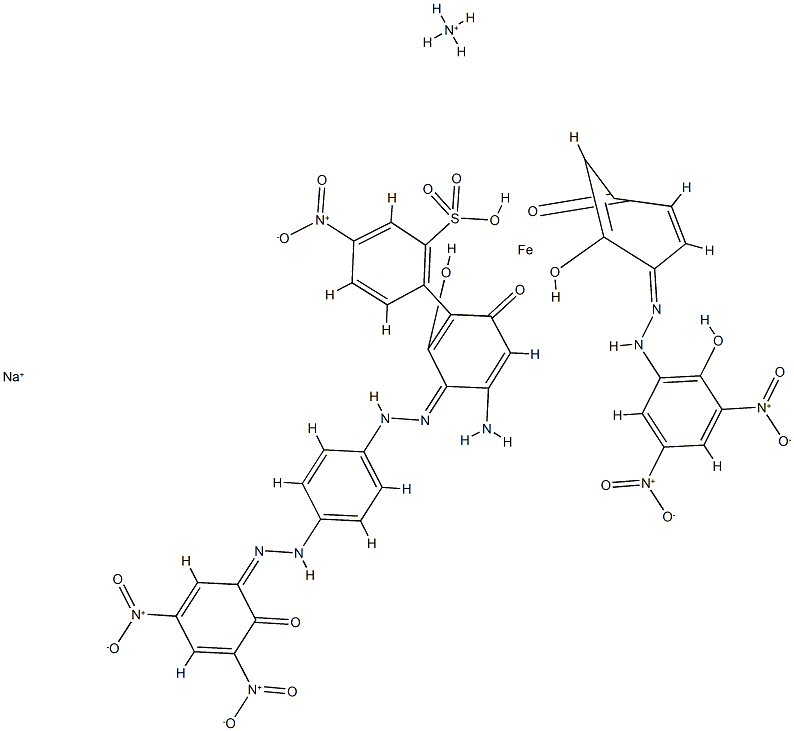 Ferrate(2-), [2-[[4-[[2,6-dihydroxy-3-[(2-hydroxy-3,5-dinitrophenyl)azo]phenyl]azo]phenyl]amino]-5-nitrobenzenesulfonato(3-)][4-[(2-hydroxy-3,5-dinitrophenyl)azo]-1,3-benzenediolato(2-)]-, ammonium sodium Struktur