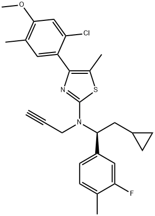 N-[(1S)-1-(3-フルオロ-4-メチルフェニル)-2-シクロプロピルエチル]-N-(2-プロピニル)-4-(2-クロロ-4-メトキシ-5-メチルフェニル)-5-メチル-2-チアゾールアミン 化学構造式