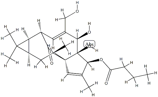 Butyric acid (1aR)-1aα,2β,5,5a,6,9,10,10aα-octahydro-5β,5aβ-dihydroxy-4-hydroxymethyl-1,1,7,9α-tetramethyl-11-oxo-1H-2α,8aα-methanocyclopenta[a]cyclopropa[e]cyclodecen-6β-yl ester Struktur