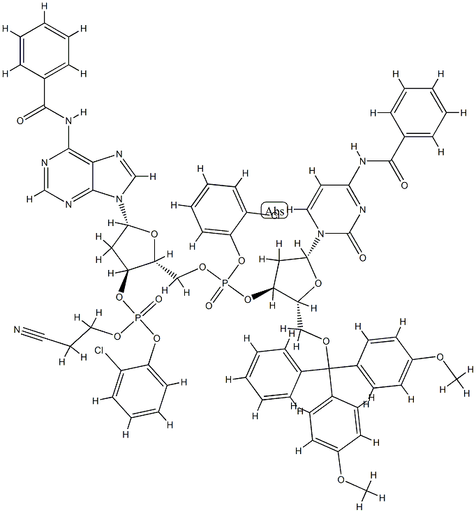 3'-Adenylic acid, 5'-O-[bis(4-methoxyphenyl)phenylmethyl]-N-benzoyl-P-(2-chlorophenyl)-2'-deoxycytidylyl-(3'->5')-N-benzoyl-2'-deoxy-, 2-chlorophenyl 2-cyanoethyl ester,78111-50-9,结构式