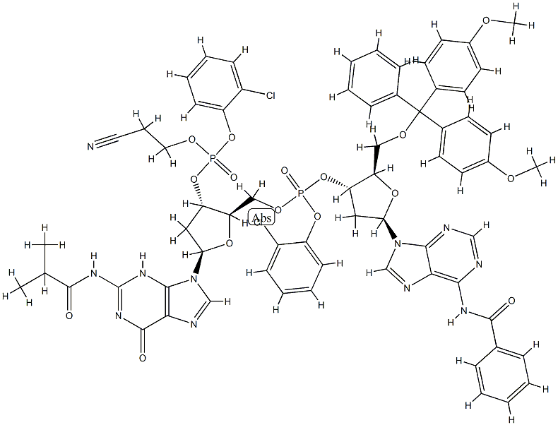 3'-Guanylic acid, N-benzoyl-5'-O-[bis(4-methoxyphenyl)phenylmethyl]-P-(2-chlorophenyl)-2'-deoxyadenylyl-(3'->5')-2'-deoxy-N-(2-methyl-1-oxopropyl)-, 2-chlorophenyl 2-cyanoethyl ester,78111-52-1,结构式